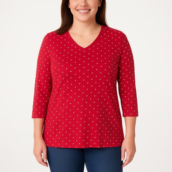 Isaac Mizrahi Live! Red Polka Dot 3/4 Sleeve Pima Cotton Top Size Medium NWOT - Picture 1 of 7